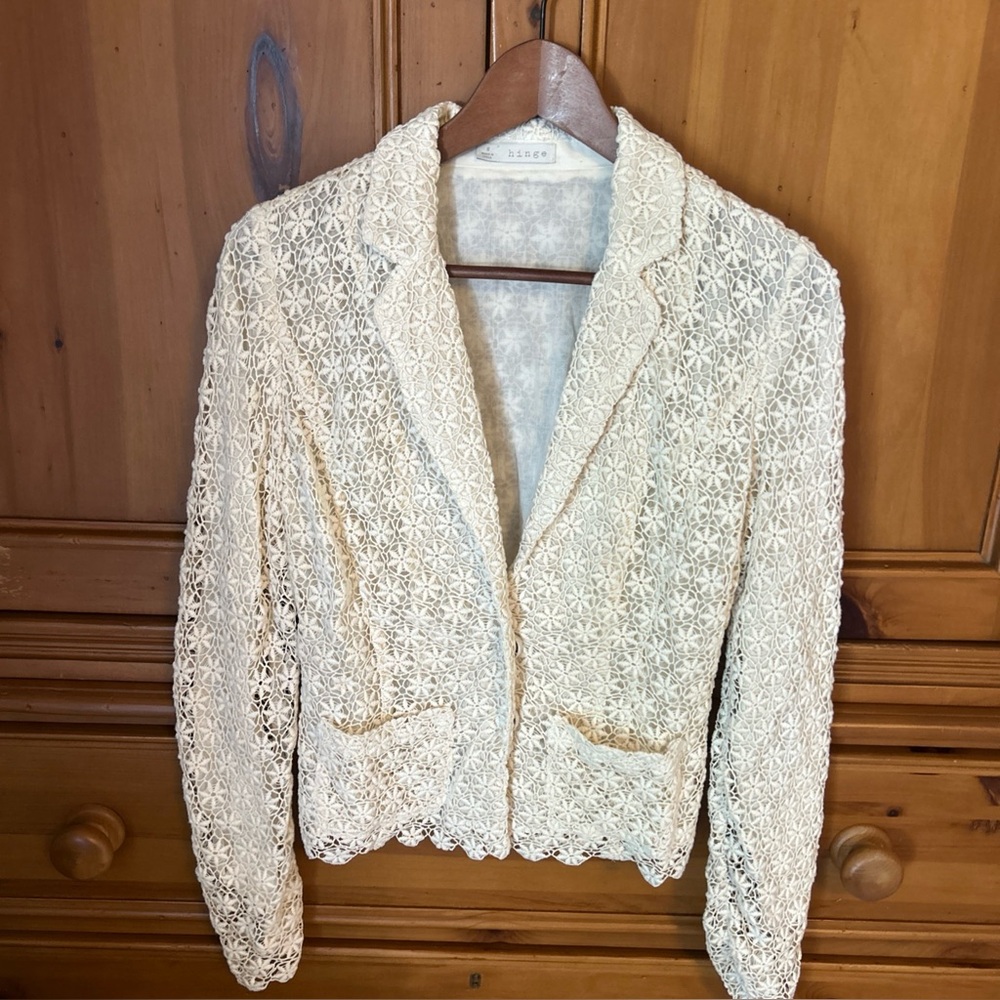 Hinge Cream Crochet Floral Lace Collared Jacket Blazer Size S Boho
